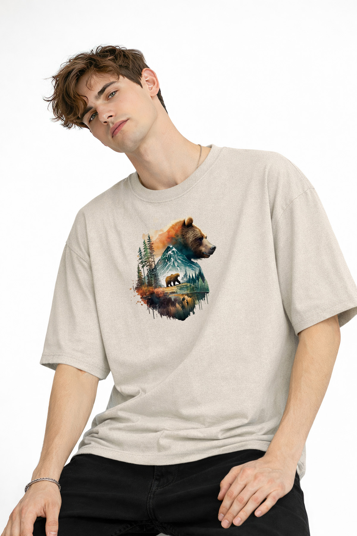 Bear2 - Oversize Tişört BEJ - Görsel 2