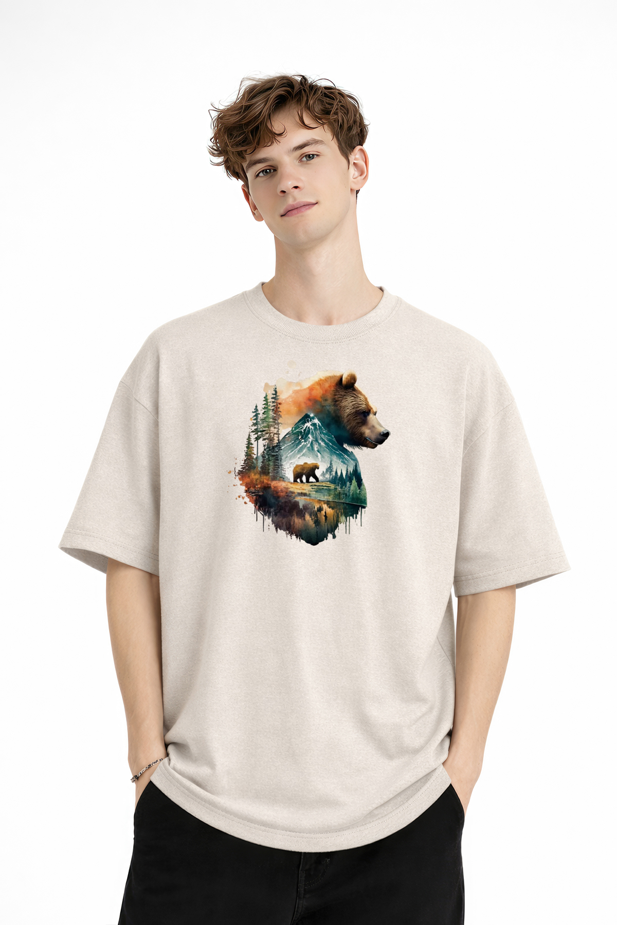 Bear2 - Oversize Tişört BEJ - Görsel 3