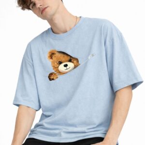 MN - Bear Baskılı Oversize Tişört AÇIK MAVİ