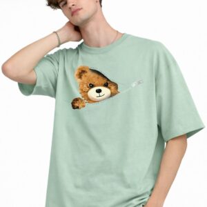 MN - Bear Baskılı Oversize Tişört SU YESILI