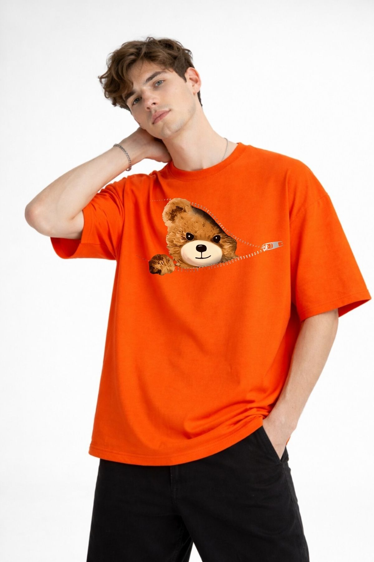 MN - Bear Baskılı Oversize Tişört TURUNCU - Görsel 3