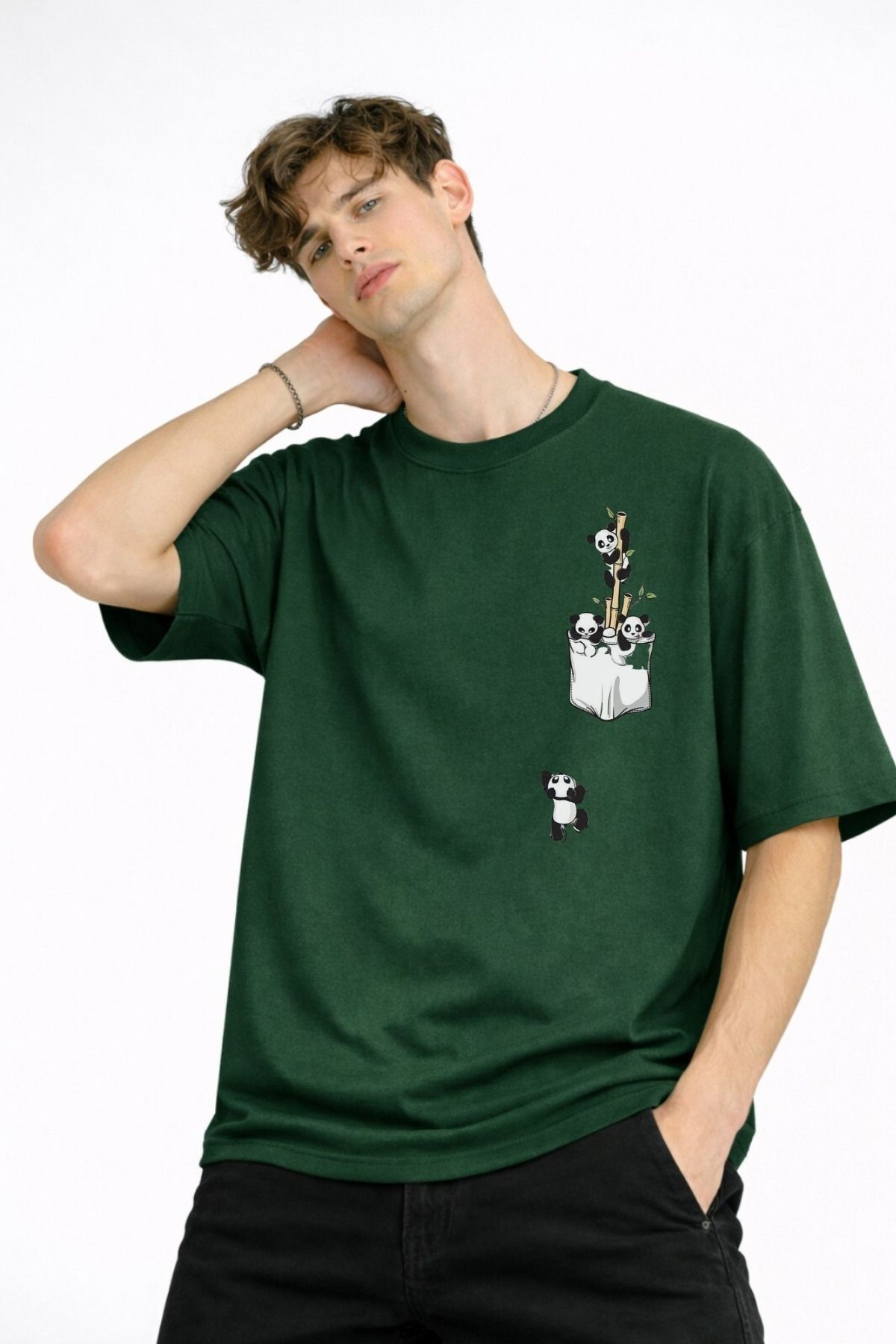 Panda - Baskılı Oversize Tişört HAKI