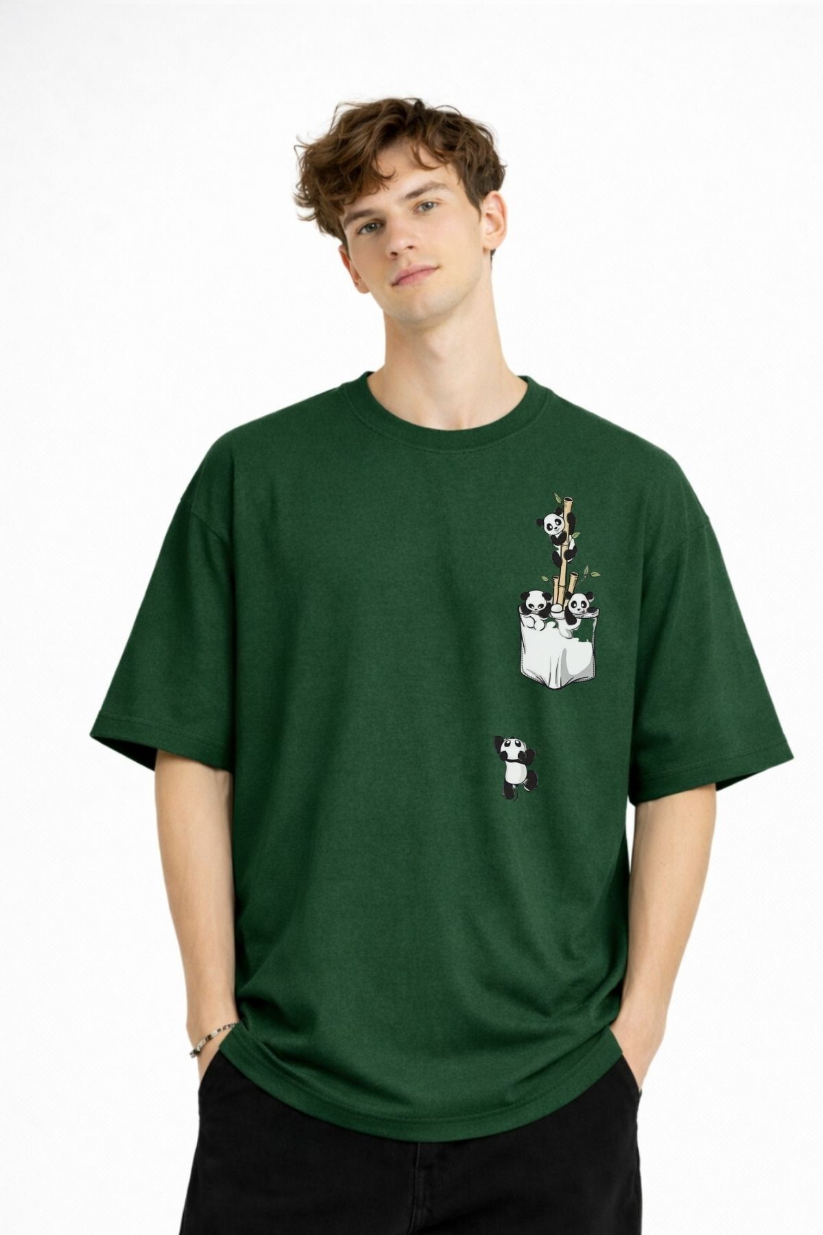 Panda - Baskılı Oversize Tişört HAKI - Görsel 2
