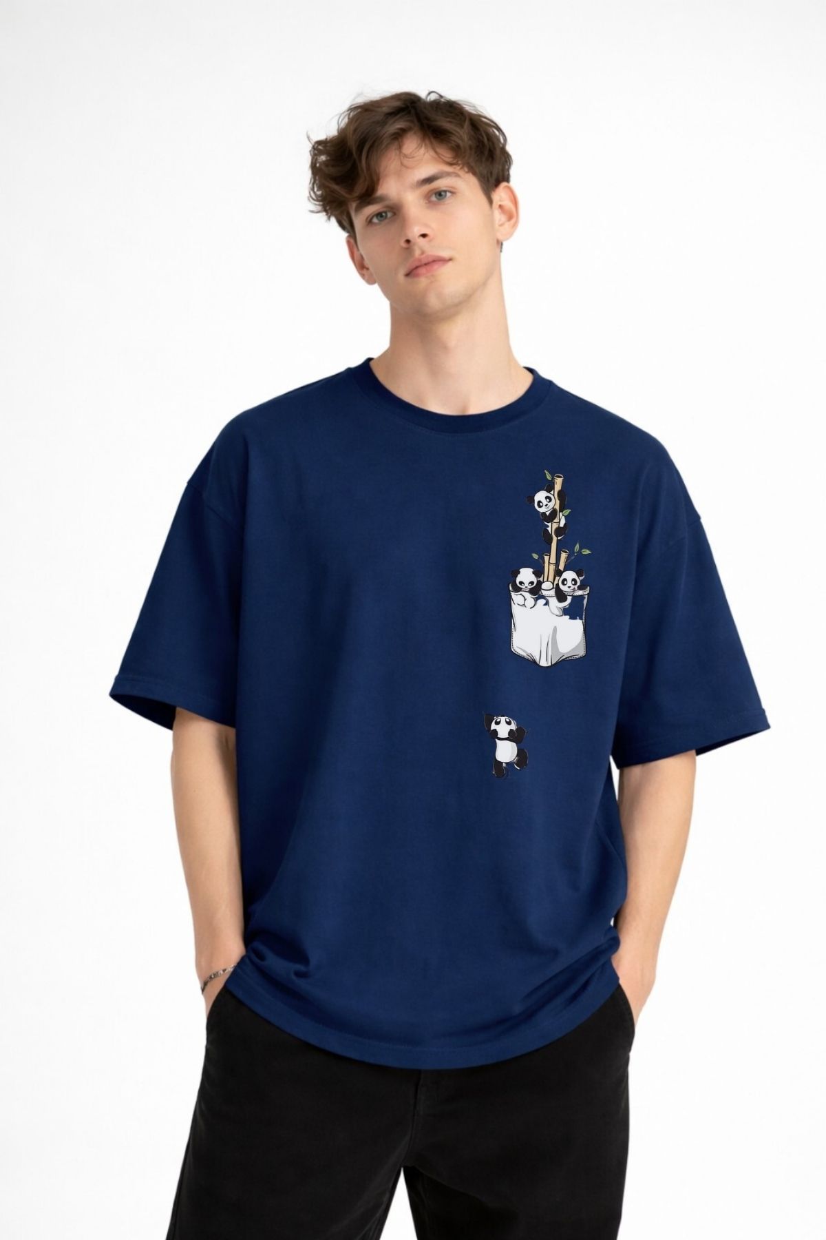 Panda - Baskılı Oversize Tişört LACIVERT - Görsel 2